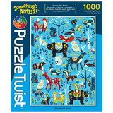 1000-piece puzzle featuring colorful woodland animals decorated with Scandinavian folk art patterns on a blue background.