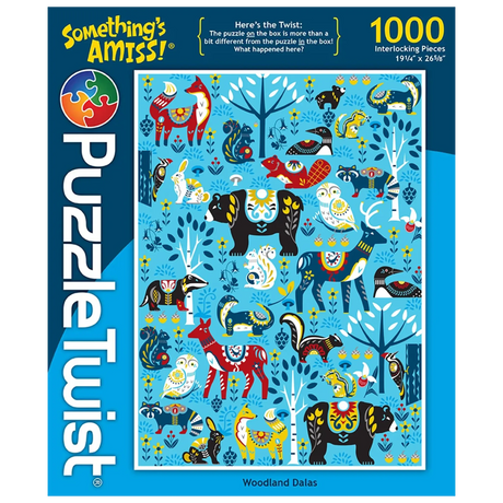 1000-piece puzzle featuring colorful woodland animals decorated with Scandinavian folk art patterns on a blue background.