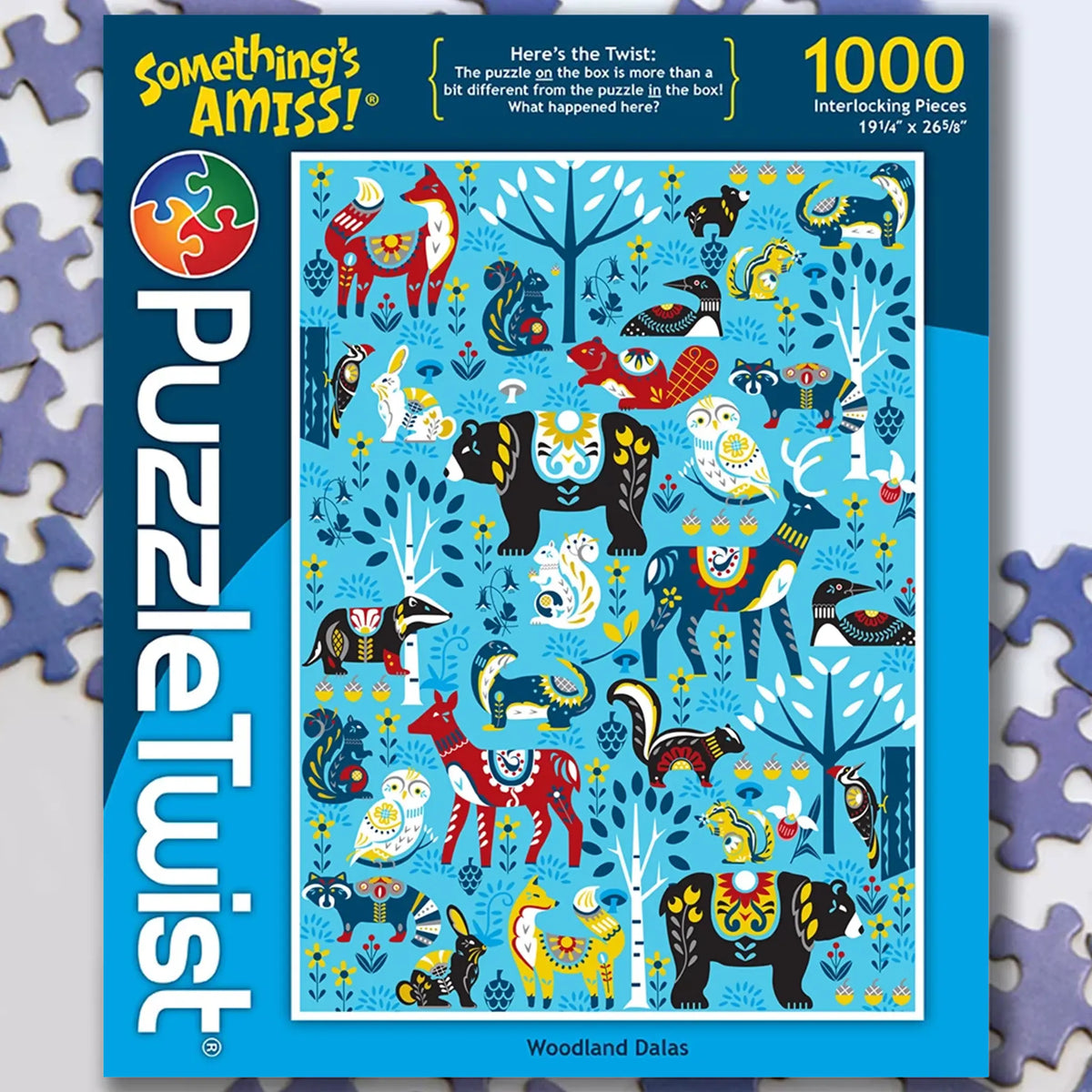 Puzzle box with colorful, patterned woodland animals and birds on a blue background, featuring Scandinavian folk art designs.