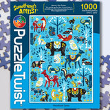 Puzzle box with colorful, patterned woodland animals and birds on a blue background, featuring Scandinavian folk art designs.