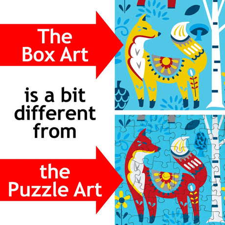 Split image with blue-and-yellow box art on top and red-and-yellow fox Woodland Dalas Puzzle design on bottom; visible text notes box and puzzle art are different.