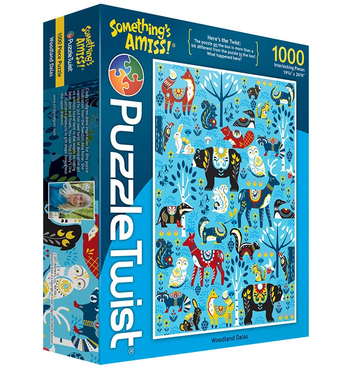 Blue PuzzleTwist box for a 1000-piece jigsaw puzzle featuring Scandinavian folk art with colorful Dala horses, animals, and stylized trees in a forest scene.