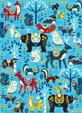 Scandinavian folk art puzzle featuring colorful woodland animals, floral patterns, and stylized trees on a bright blue background.