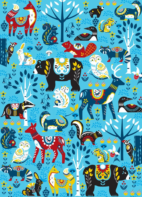 Scandinavian folk art puzzle featuring colorful woodland animals, floral patterns, and stylized trees on a bright blue background.