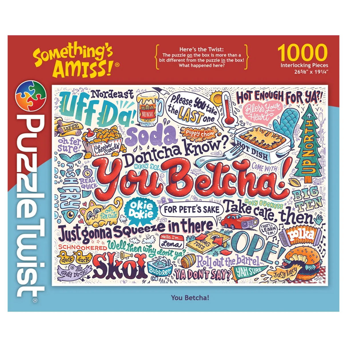 1000-piece puzzle box with Minnesota slang such as “You Betcha!” shown in playful fonts, surrounded by cartoon doodles and bright accents on a white background.
