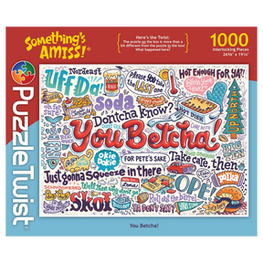 1000-piece puzzle box with Minnesota slang such as “You Betcha!” shown in playful fonts, surrounded by cartoon doodles and bright accents on a white background.