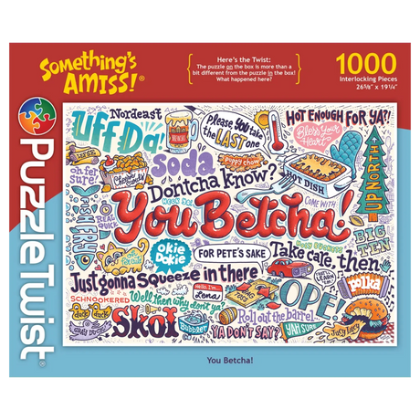 1000-piece puzzle box with Minnesota slang such as “You Betcha!” shown in playful fonts, surrounded by cartoon doodles and bright accents on a white background.