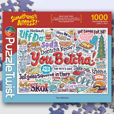1000-piece jigsaw puzzle featuring Midwest sayings such as “You Betcha!” and “Uffda” in bold, handwritten fonts with colorful doodles on each piece.