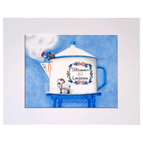 The 8x10 print "Coffee, Anyone? Lindstrom Coffee Pot WaterTower" by Rachael Koppendrayer features a white coffee pot with "Välkommen till Lindström," floral designs, a blue tower, sheep, and stork beneath a blue sky with steam.