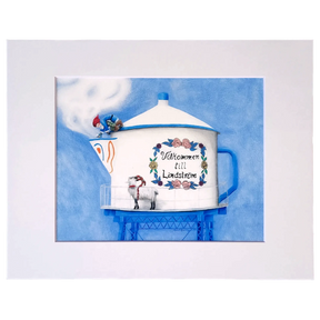 The 8x10 print "Coffee, Anyone? Lindstrom Coffee Pot WaterTower" by Rachael Koppendrayer features a white coffee pot with "Välkommen till Lindström," floral designs, a blue tower, sheep, and stork beneath a blue sky with steam.