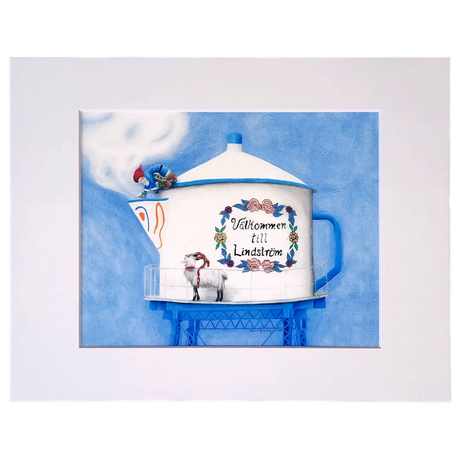 The 8x10 print "Coffee, Anyone? Lindstrom Coffee Pot WaterTower" by Rachael Koppendrayer features a white coffee pot with "Välkommen till Lindström," floral designs, a blue tower, sheep, and stork beneath a blue sky with steam.