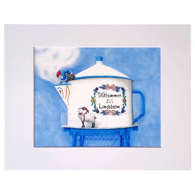 The 8x10 print "Coffee, Anyone? Lindstrom Coffee Pot WaterTower" by Rachael Koppendrayer features a white coffee pot with "Välkommen till Lindström," floral designs, a blue tower, sheep, and stork beneath a blue sky with steam.
