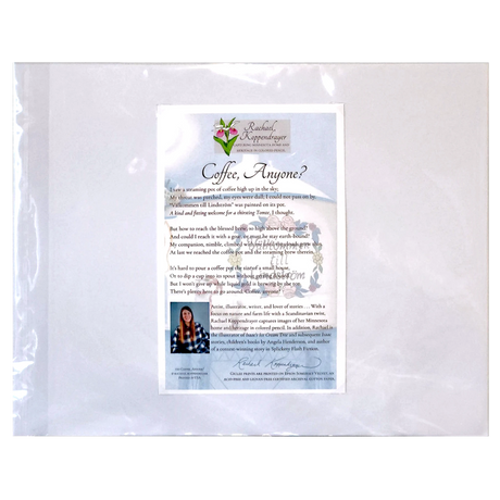 The "Coffee, Anyone? Lindstrom Coffee Pot WaterTower" 8x10 print by Rachael Koppendrayer features a decorative coffee cup and tomte art, matted to 11x14. This artwork is attractively presented in a clear plastic sleeve.