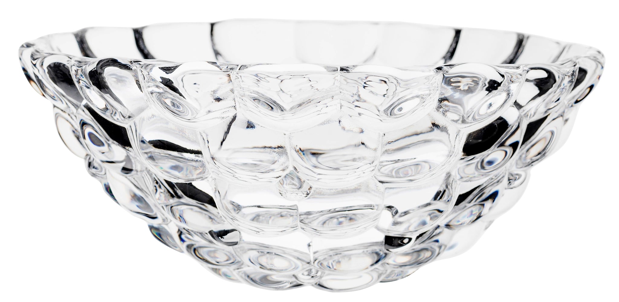 A small, transparent crystal glass bowl by Orrefors, featuring a textured bubble-like pattern reminiscent of their iconic Raspberry Bowl design.