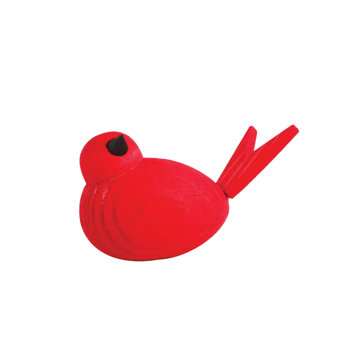 This red bird figurine, from the Swedish Handcrafted Wooden Birds collection in red, white, and blue, showcases a smooth wooden body with simple features like a black eye and triangular tail.