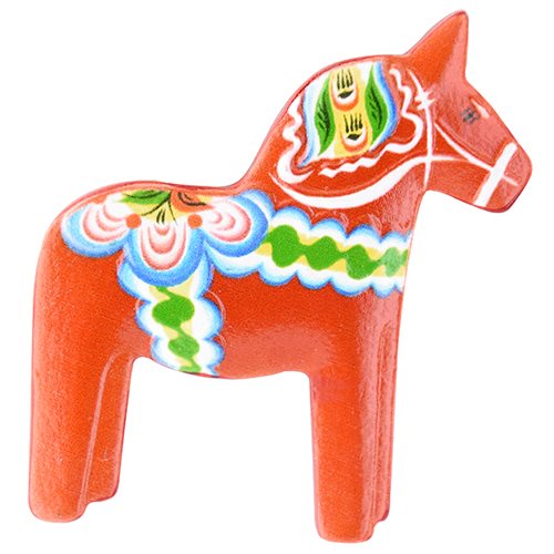 A vibrant Swedish wooden magnet shaped like a red Dala horse, adorned with intricate kurbits floral patterns in blue, green, and white.