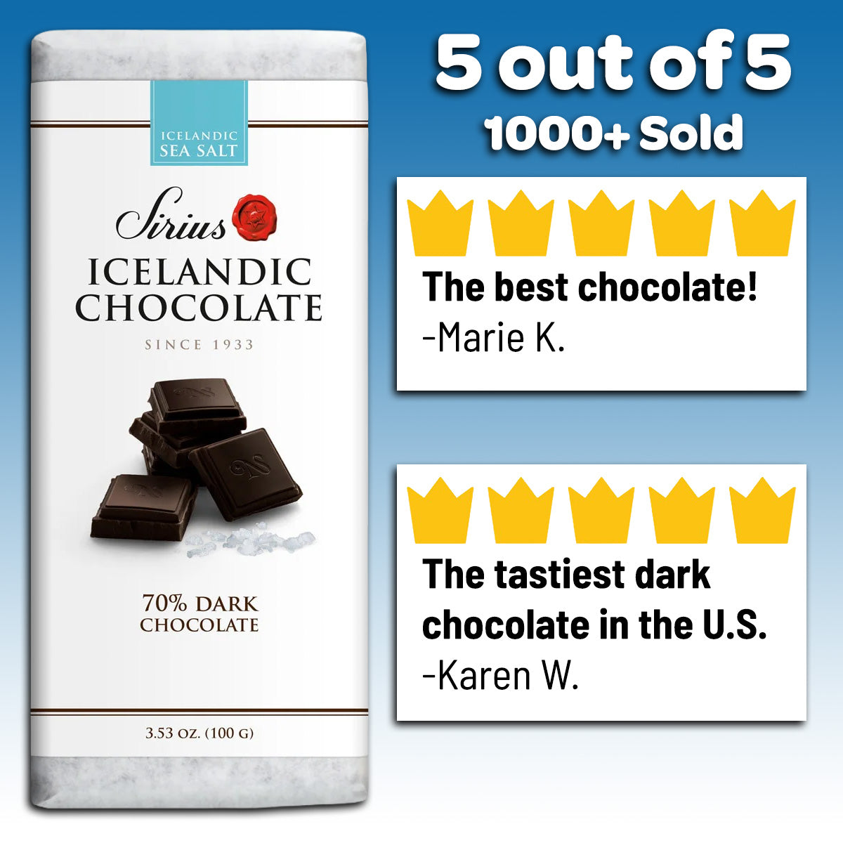 Sirius Icelandic Chocolate - 70% Dark Chocolate with Sea Salt (100g) is praised by customers as the best and tastiest dark chocolate.