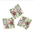 Three dinner napkins with floral designs, featuring pink, white, and yellow flowers and green leaves on a white background. These Rose Flower Garden napkins are crafted from recycled FSC paper.