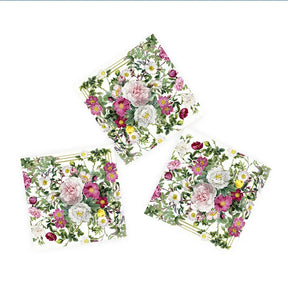 Three dinner napkins with floral designs, featuring pink, white, and yellow flowers and green leaves on a white background. These Rose Flower Garden napkins are crafted from recycled FSC paper.