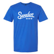Blue t-shirt with 'Sweden' printed in white on a white background with a white swoosh and three crowns underneath