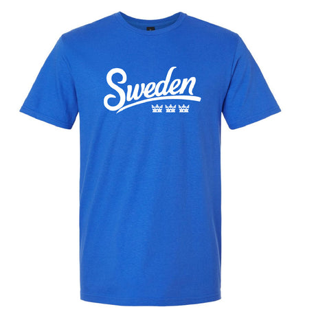 Blue t-shirt with 'Sweden' printed in white on a white background with a white swoosh and three crowns underneath
