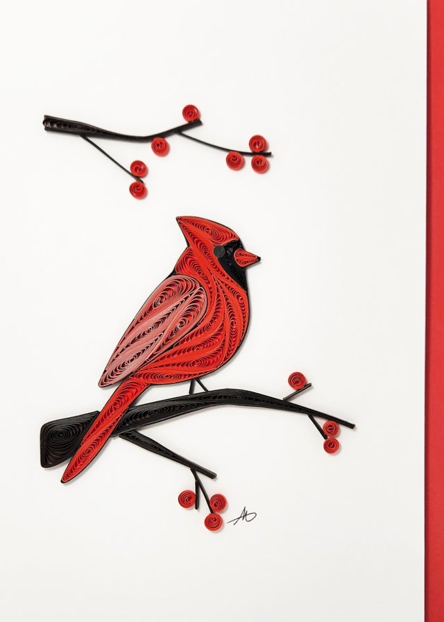 The "Cards: Cardinal Red Berry Quilling" card showcases a decorative red cardinal crafted from quilled paper, perched on a branch adorned with small red berries on a white background.