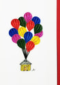 The Cards: House with Balloons Quilling Card 5x7 features intricate paper quilling art of a house with balloons on a pristine white background, making it the perfect gift for a memorable housewarming celebration.