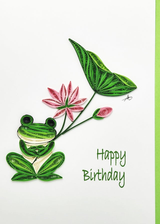 Cards: Frog with Lotus Happy Birthday Quilling Card 5x7