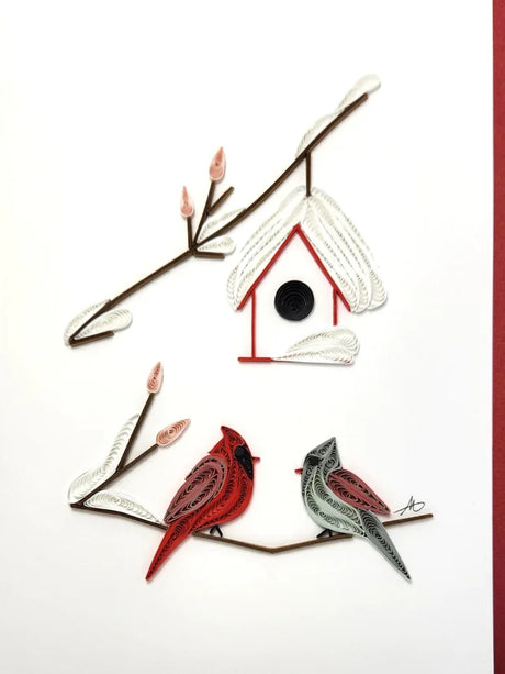 Cards: Cardinal Couple Quilling Card 5x7 features a handcrafted paper quilling design of two cardinals on a branch with a red birdhouse and stylized leaves, perfect as an elegant greeting card on a white background.