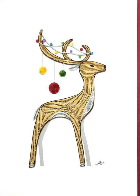 The Card: Reindeer with Ornaments Quilling Card 5x7 showcases a reindeer adorned with colorful ornaments and string lights on its antlers, featuring intricate quilled designs—perfect as a handmade Christmas card on crisp white.