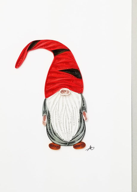 The Cards: Tomte - Gnome with Red Hat Quilling Greeting Card is a 5" × 7" handcrafted 3D paper art card featuring a whimsical tomte gnome—ideal for unique greetings on a plain white background.