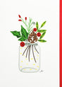 The Cards: Holiday Jar God Jul Quilling Card features a quilled paper design of a vase with a pine cone, red berries, and green leaves on a white background with a red border, capturing the essence of Swedish Christmas traditions. It's an ideal choice for sending holiday greetings with "God Jul.