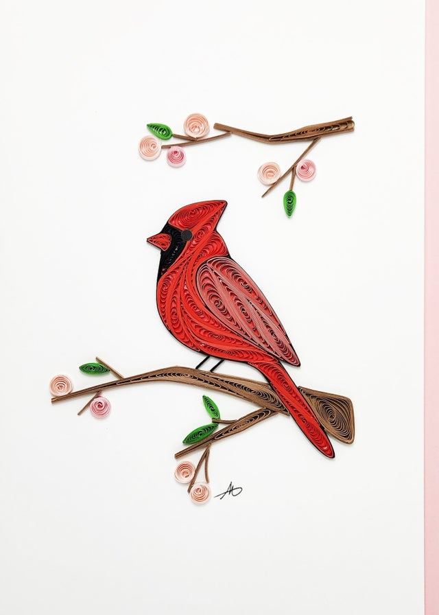 Cards: Cardinal with Cherry Blossoms Quilling Card Pink Envelope Blank Inside 5x7