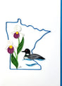 The Minnesota Lady Slipper & Loon Quilling Card from Quilling Card features fine quilled art of a loon and lady slipper flowers inside the outline of Minnesota.