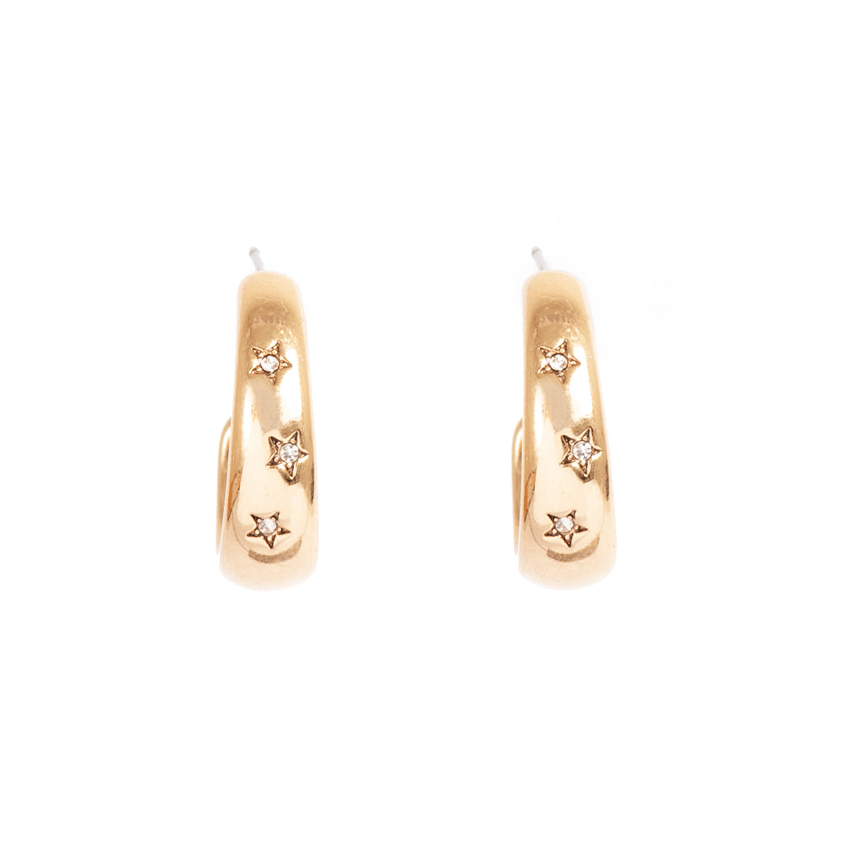 Astro-inspired Creol gold hoop earrings with star engravings and delicate crystal stones.