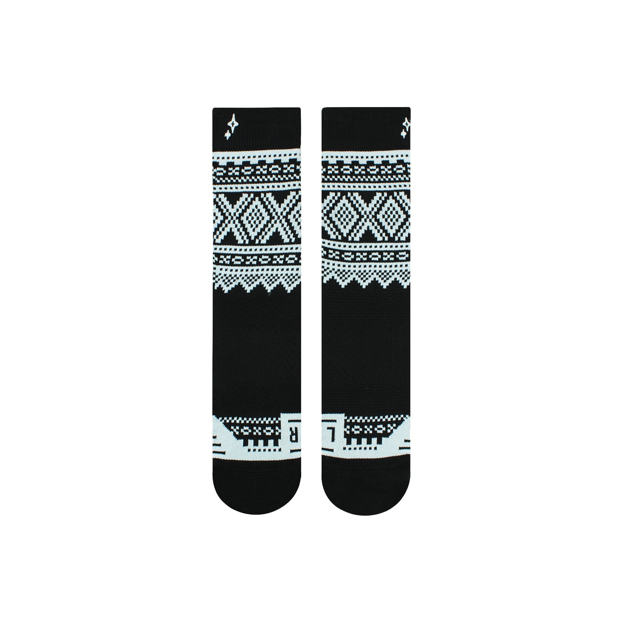 Two black Marius Aktiv Crew Socks featuring white geometric patterns, including diamonds, with a touch of Norwegian style.