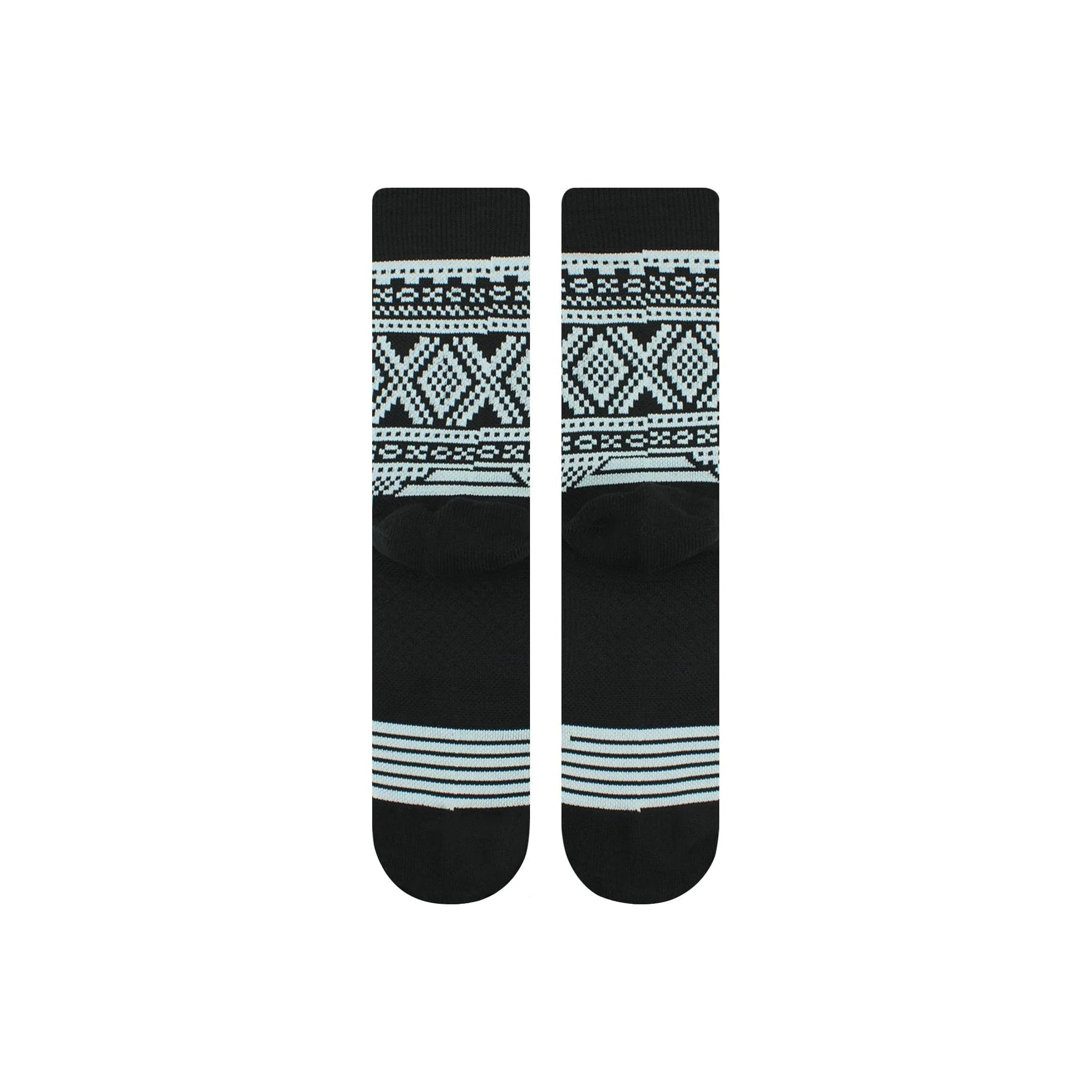 The Marius Aktiv Black Crew Socks boast a striking black design with white geometric and stripe patterns, enriched by Norwegian-inspired details. They feature Compression Arch Support for improved comfort and stability.