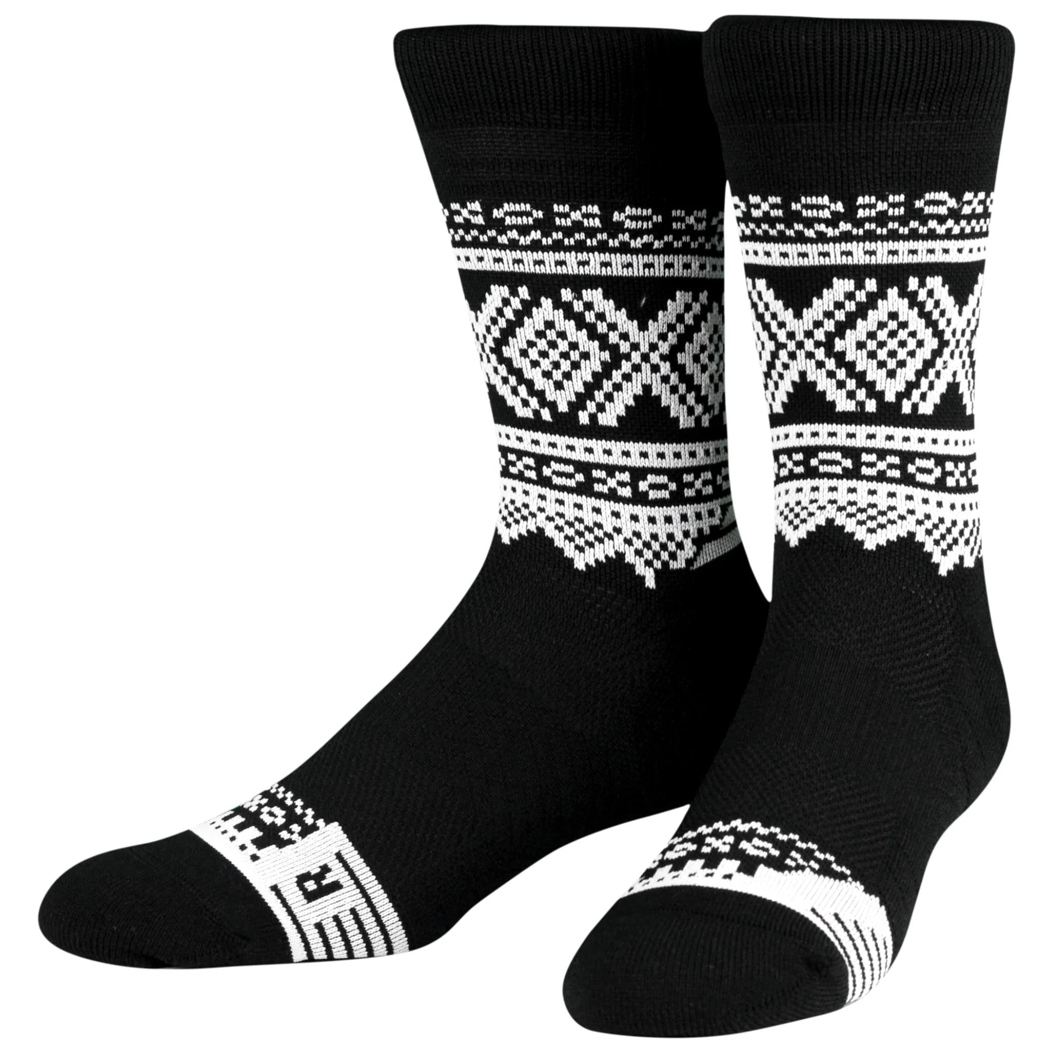 The Marius Aktiv Black Crew Socks have white geometric patterns and letters R and L near the toe, offering compression arch support for added comfort and style.