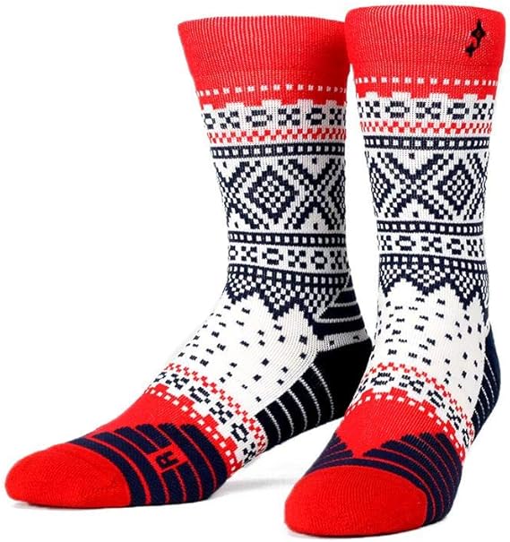 Red, white, and black Norwegian design socks displayed on a white background from the Marius Nvrlnd Pattern Comfortable Fashion Crew Socks collection.