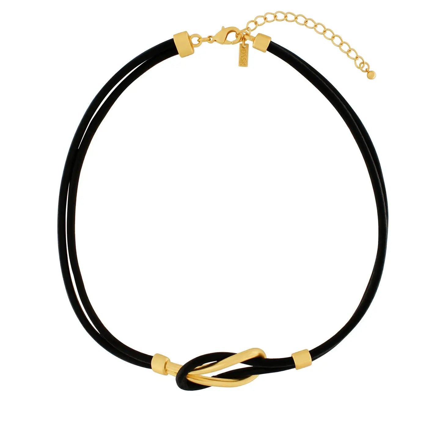 The Short Togetherness Leather Necklace in black and gold showcases a stunning knot design at its center, complemented by an adjustable chain for a perfect fit.