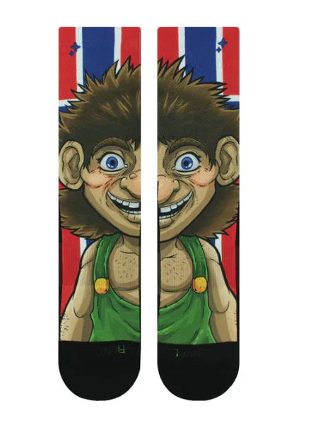 These playful Norway Troll Graphic Socks in size L/XL showcase a cartoon troll in green attire on a vivid red, white, and blue striped backdrop, perfect for any Troll Lover looking to add charm to their wardrobe.