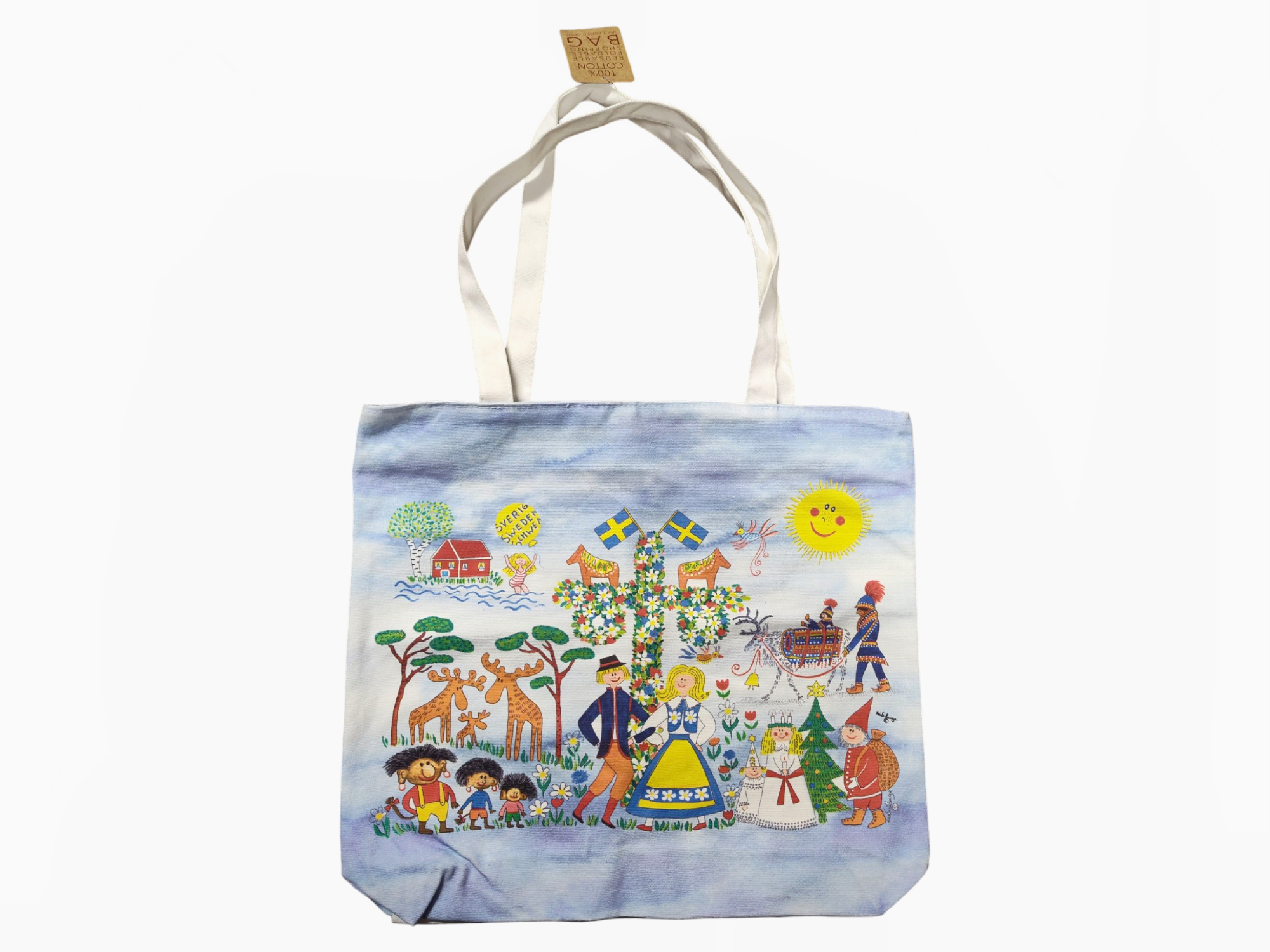 The Heidi Lange Swedish Motifs Tote Bag with Zipper features a vibrant illustration of people celebrating around a maypole under a sunny sky, surrounded by nature elements and fluttering flags.