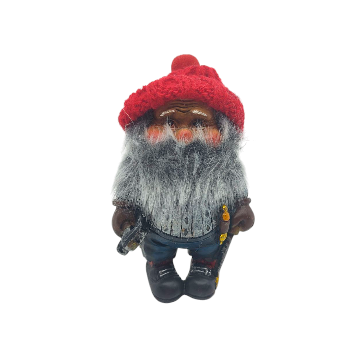 The Nisse Man with a Knit Hat and Hammer is a charming Scandinavian figurine featuring a bearded man with a red knit hat, gray beard, rosy cheeks, skillfully holding tools.