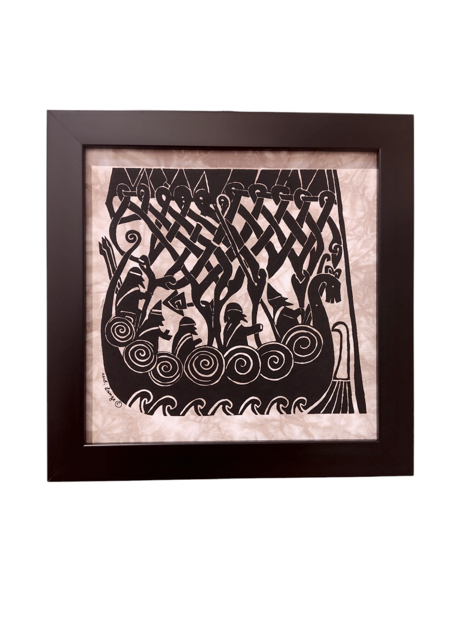 Framed artwork titled Batik Viking Ship (12x12, black frame) by Swedish artist Heidi Lange, featuring interwoven patterns and figures on a light background.