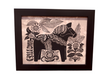 This black-framed artwork features a stylized Dala Horse adorned with decorative patterns, elegantly surrounded by large flowers and leaves; titled Dala Horse with Flowers Framed Batik Artwork, it measures 11x14.