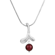 Inspired by Finnish jewelry, the Lingonberry Silver Necklace showcases a smooth curved pendant with a bold red bead set against a white backdrop.