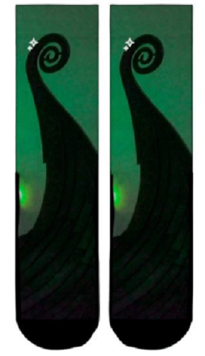 The Socks: Oseberg Ship Socks display stylized black prows of a Norwegian Viking ship on a green gradient background, inspired by the legendary Oseberg Ship.