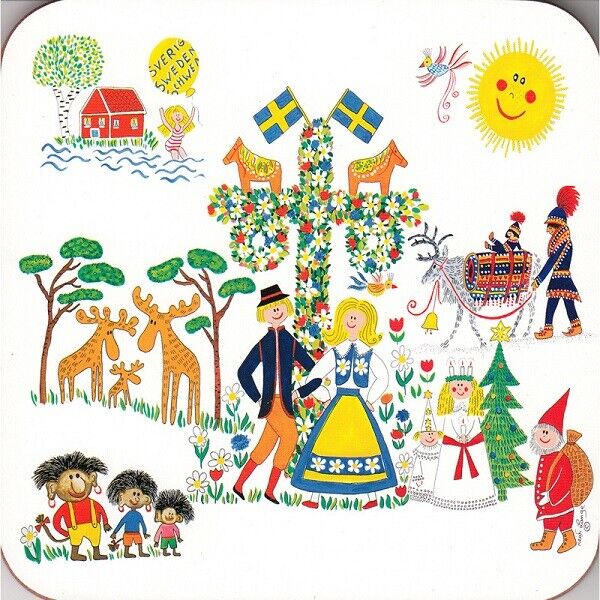 Description of the Trivet: A vibrant depiction of Swedish folk celebrations featuring a maypole, traditional attire, Dala horses with a carriage, children, reindeer, elves, and a smiling sun embellished with Swedish motifs.