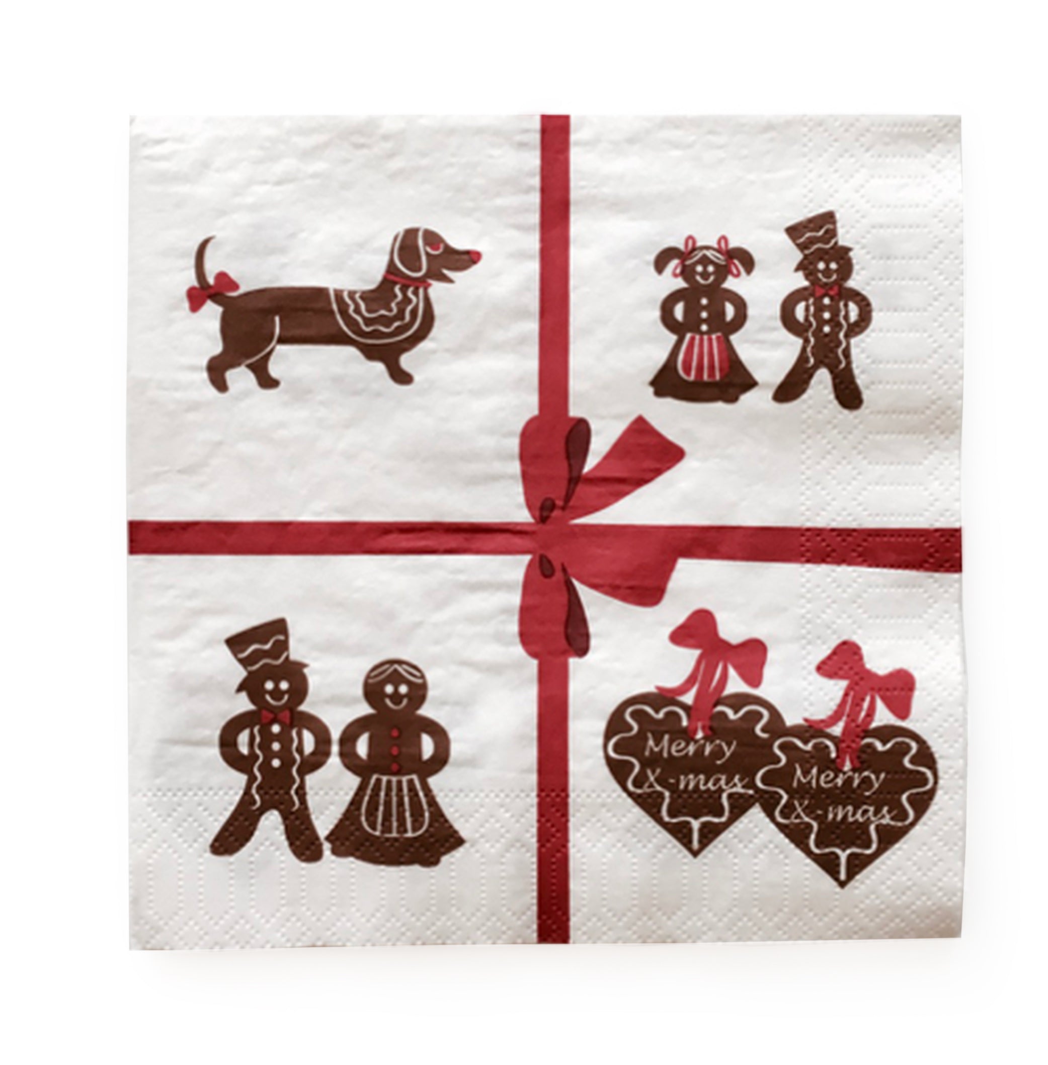 The Gingerbread Cookie Images napkin features an absorbent design with a red ribbon and gingerbread figures of a dog, two people, and two heart-shaped cookies saying Merry X-mas. Ideal for festive settings, it comes in various colors to complement any holiday theme.