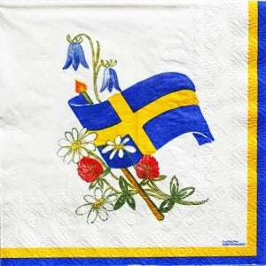 Add Swedish charm to your table with these Sweden Flag and Swedish Flowers Cocktail Napkins (20 count, 5"x5") featuring daisies and bluebells around a Swedish flag on white with a blue and yellow border.